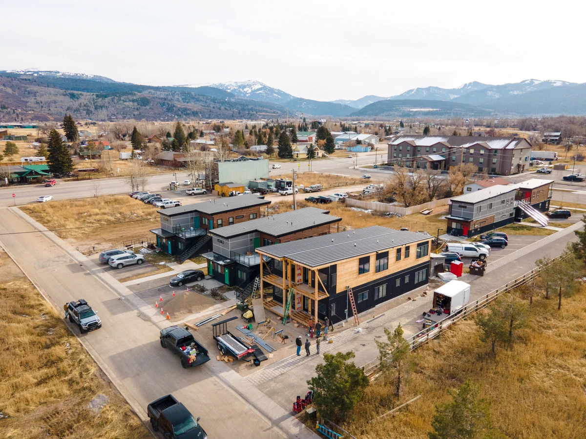 Aerial photo of the two-story buildings at Westgroup employee housing in Victor, Idaho