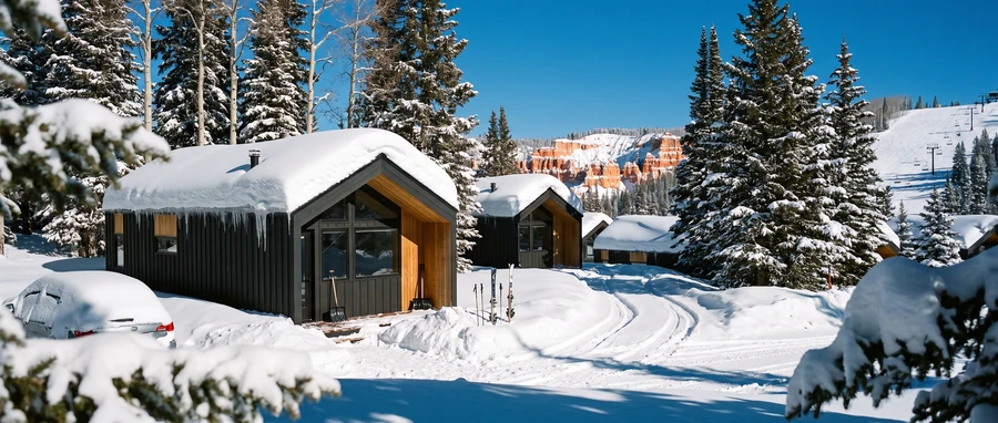 Rendering of a Gallatin II modular cabin in deep snow among pines