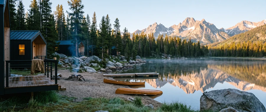Rendering of a Gallatin modular cabin on a mountain lake shore at sunrise