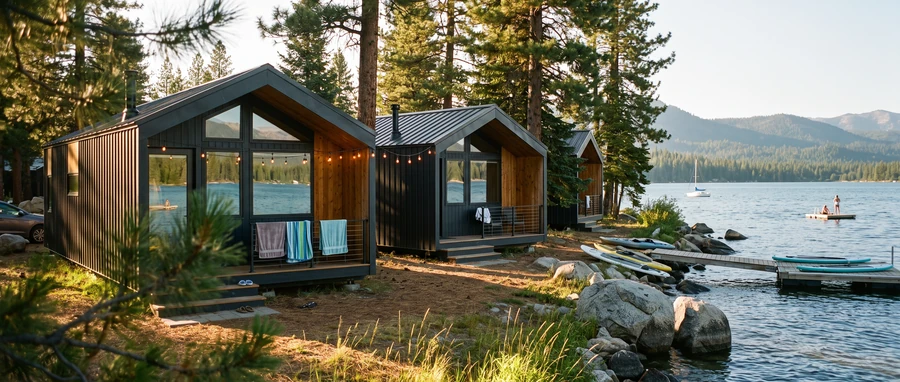 Rendering of a Gallatin II modular cabin on a lake shore in summer