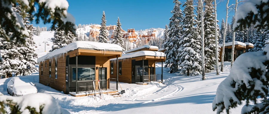 Rendering of Ridgeline modular homes in deep snow among aspens