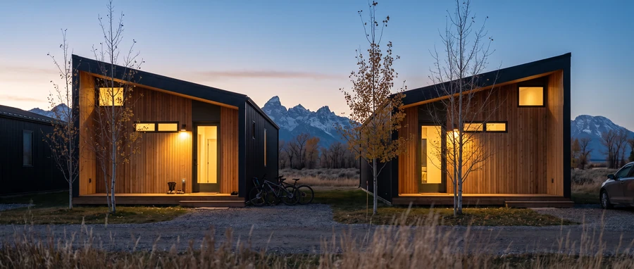 Rendering of two Sierra modular cabins lit up at dusk below jagged peaks