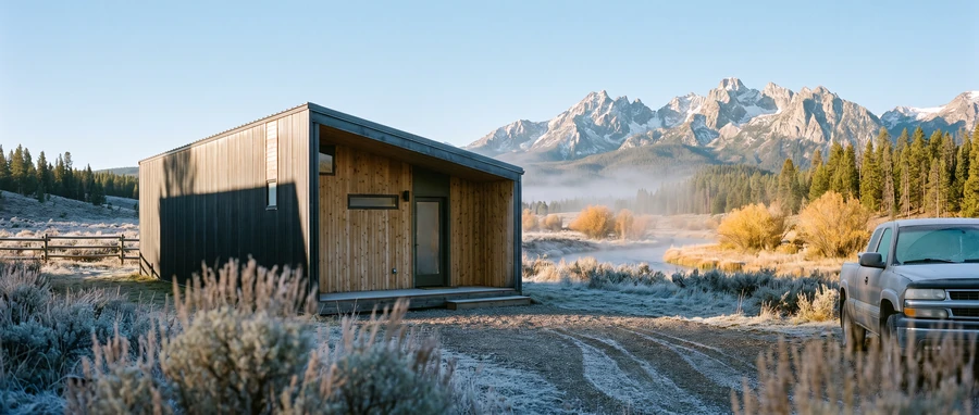 Rendering of a Sierra modular cabin in frosty sagebrush below the mountains