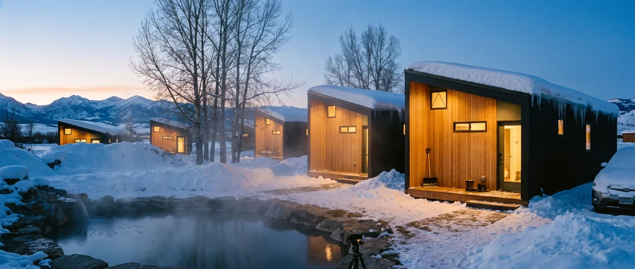 Rendering of a row of Sierra modular cabins by a hot spring at dusk