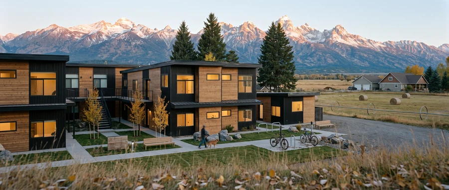 Rendering of stacked Dakota modular units below snowy peaks at sunrise