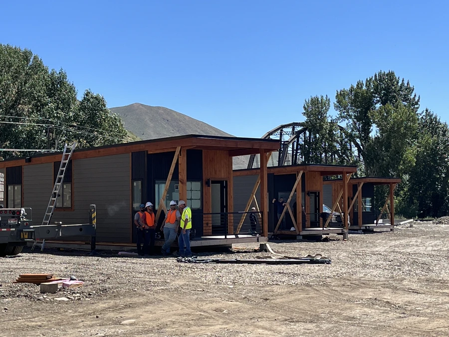 Crew finishing single-story Ridgeline homes for firefighter housing in Sun Valley, Idaho