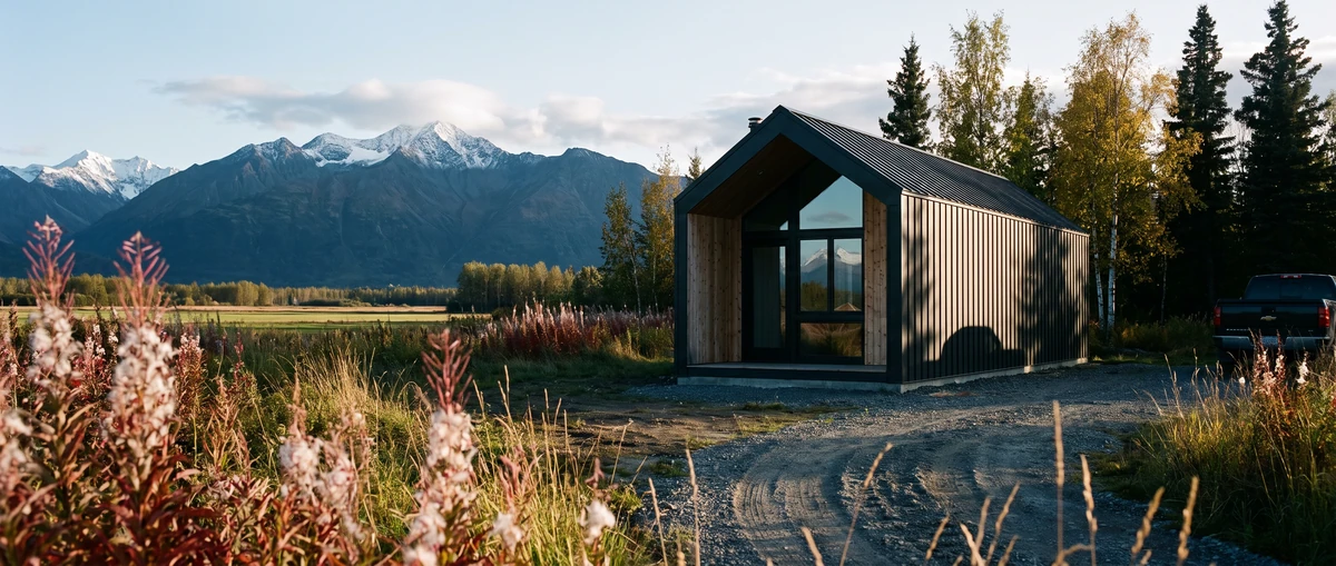 Rendering of a Gallatin modular cabin with a tall glass gable in a meadow below snowy peaks