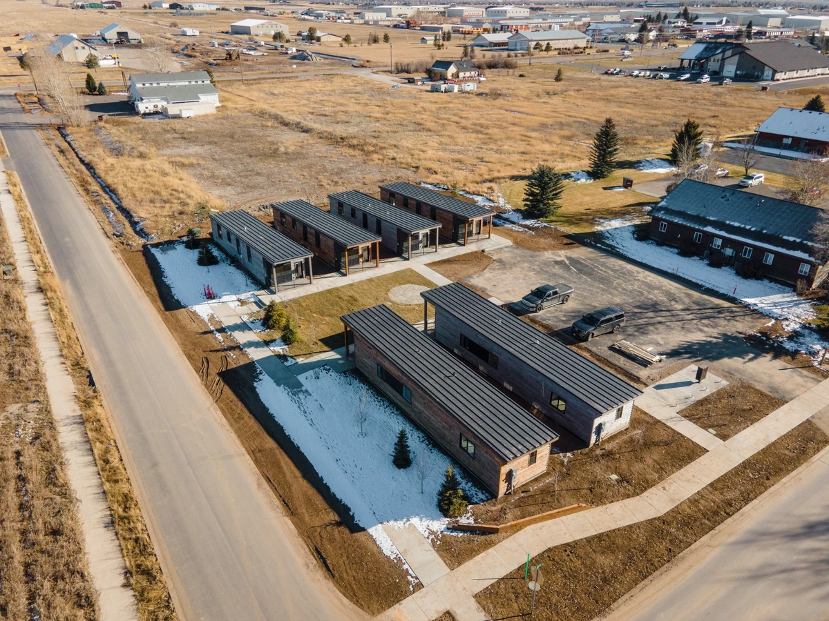 Aerial photo of six single-story Ridgeline homes at Tributary in Driggs, Idaho