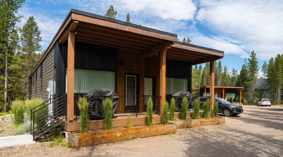 Modular rental with black siding and a cedar porch among pines in Island Park, Idaho