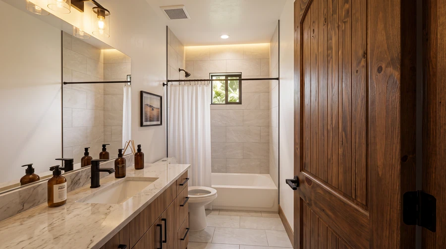 Bathroom with a stone vanity and tub in an Island Park, Idaho modular rental