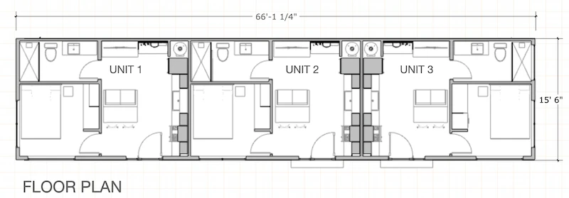 Dakota floor plan showing three units in one building