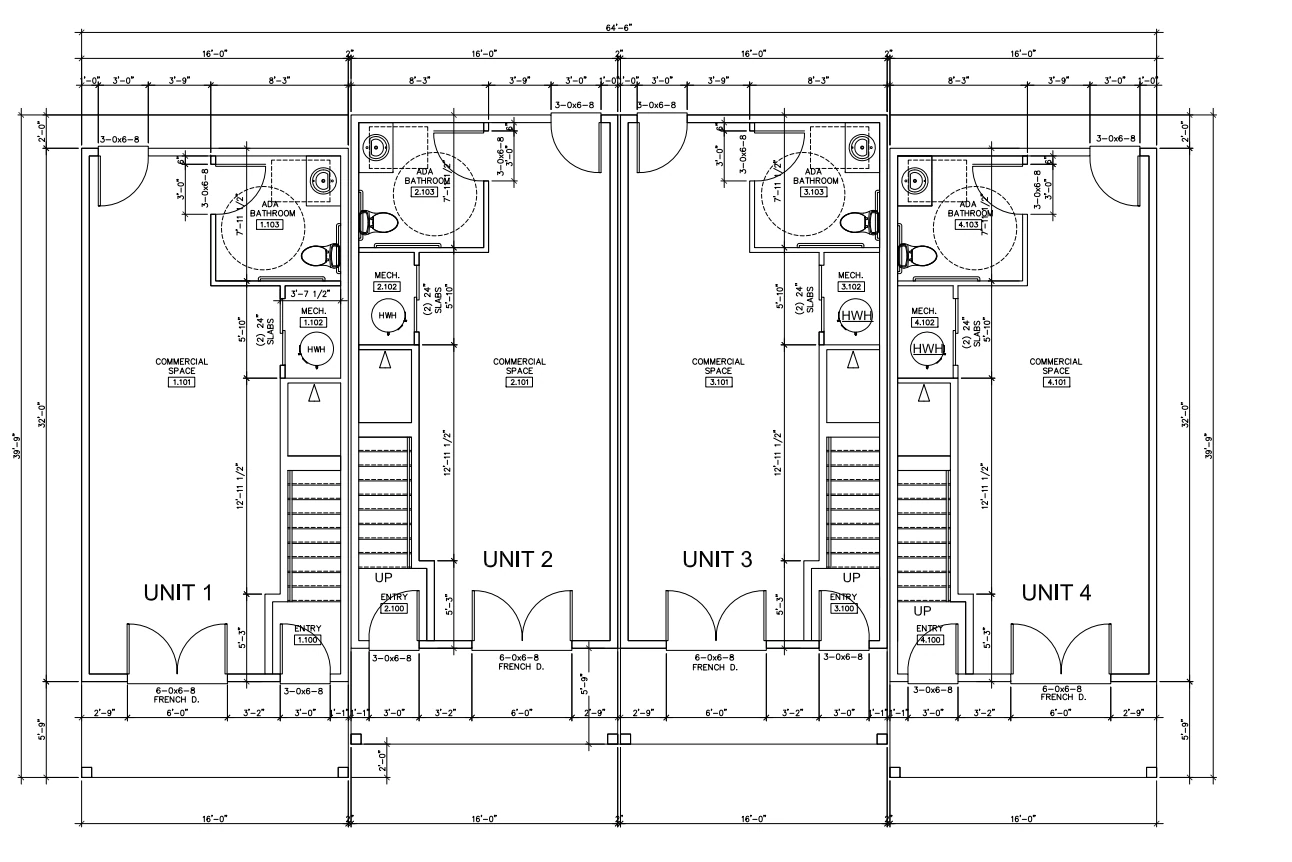 McKinley lower level floor plan: four commercial spaces with French doors and ADA restrooms