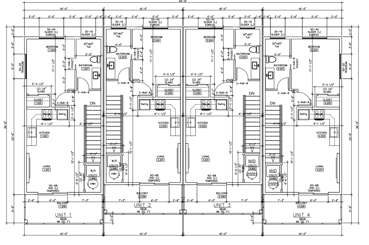 McKinley upper level floor plan: four 1-bedroom homes with kitchens, living rooms and balconies