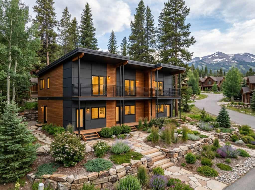 Modern Mckinley prefab home with black and wood exterior in mountain setting.