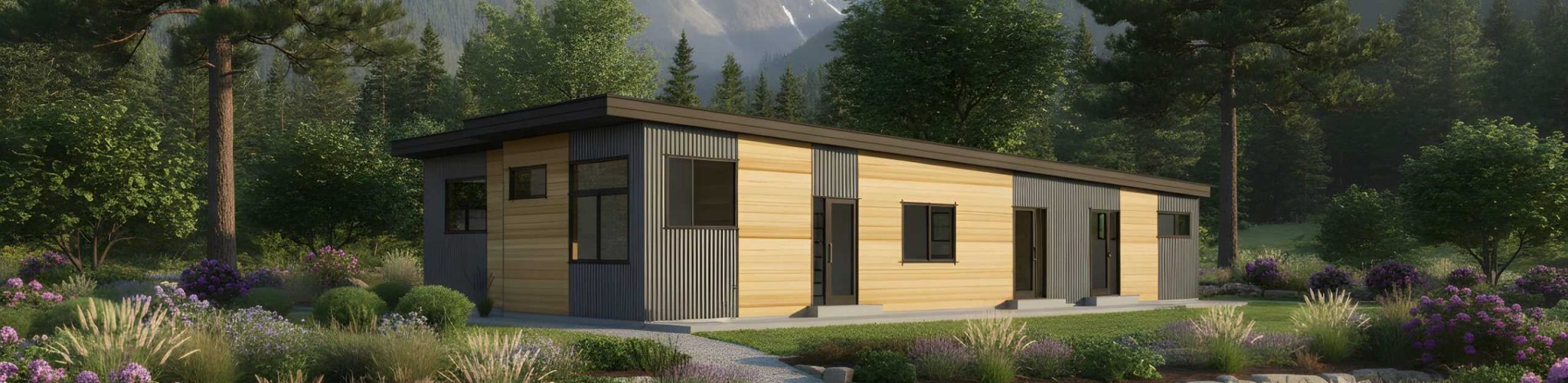 Contemporary mountain cabin with natural wood exterior and scenic mountain backdrop.