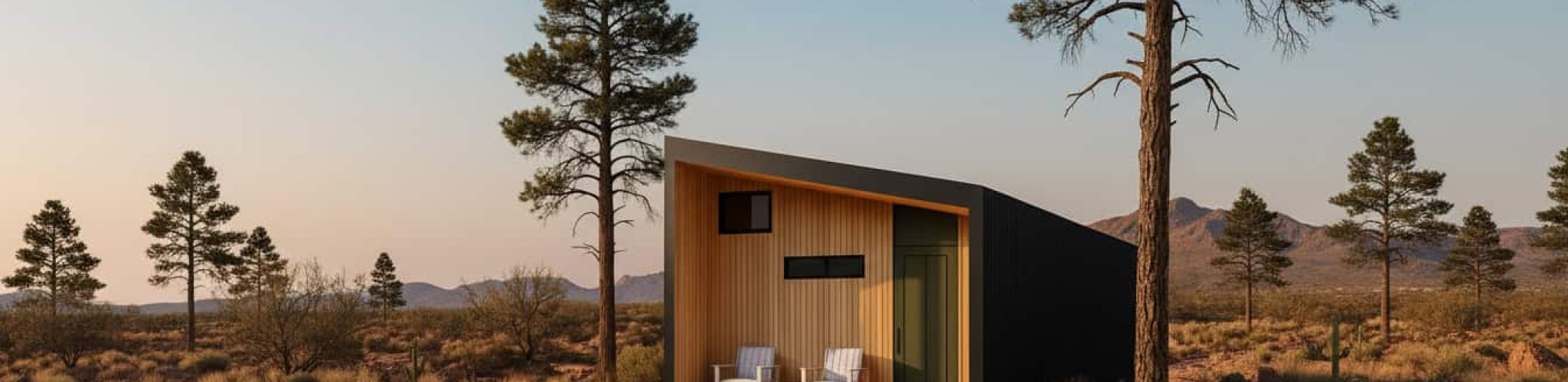 Contemporary prefab cabin with outdoor seating in a desert setting, surrounded by pine trees.
