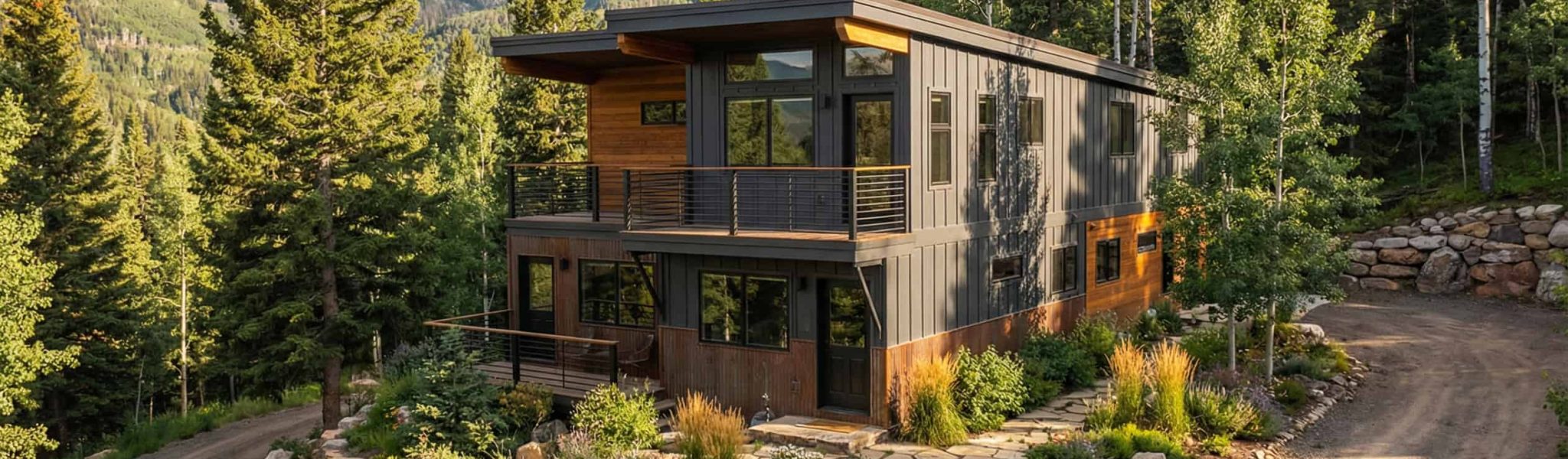 Contemporary mountain home with large windows and outdoor deck in a forested setting.