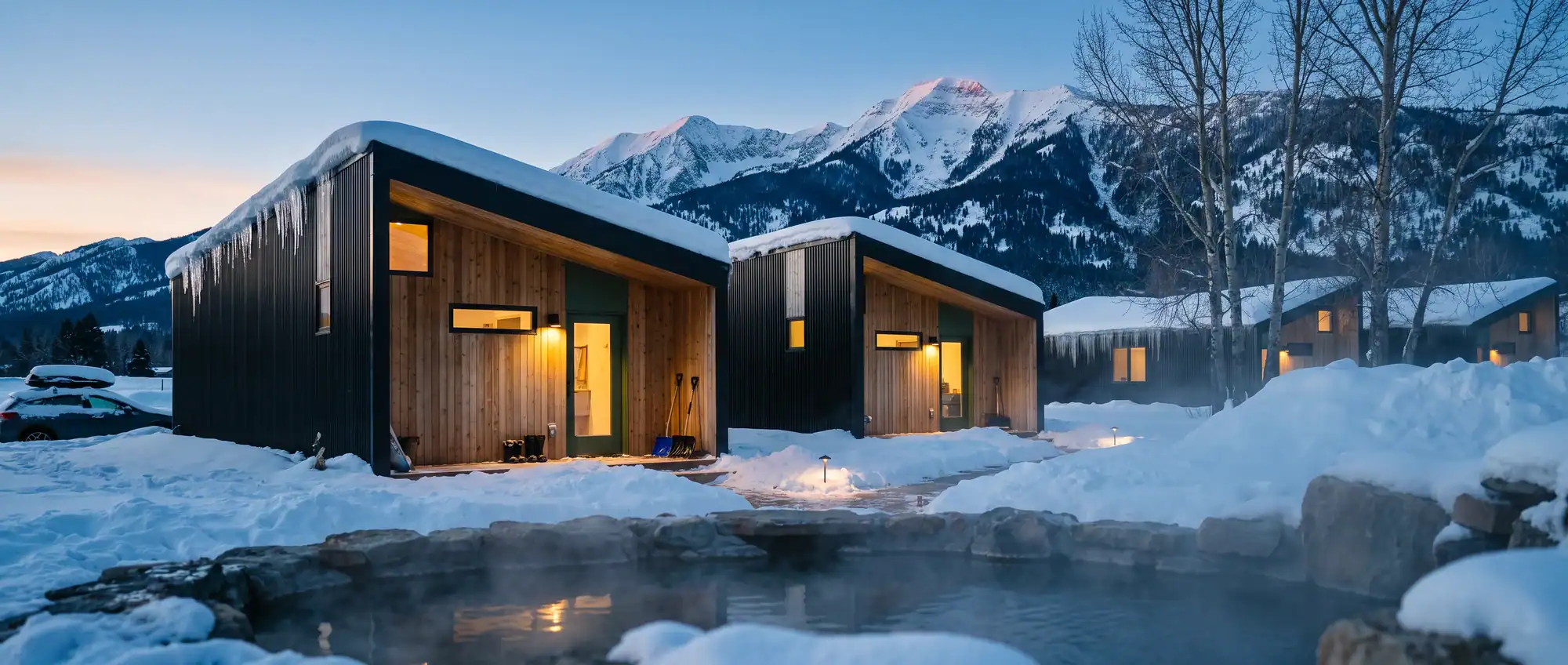 Rendering of Sierra modular cabins in snow beside a steaming hot spring