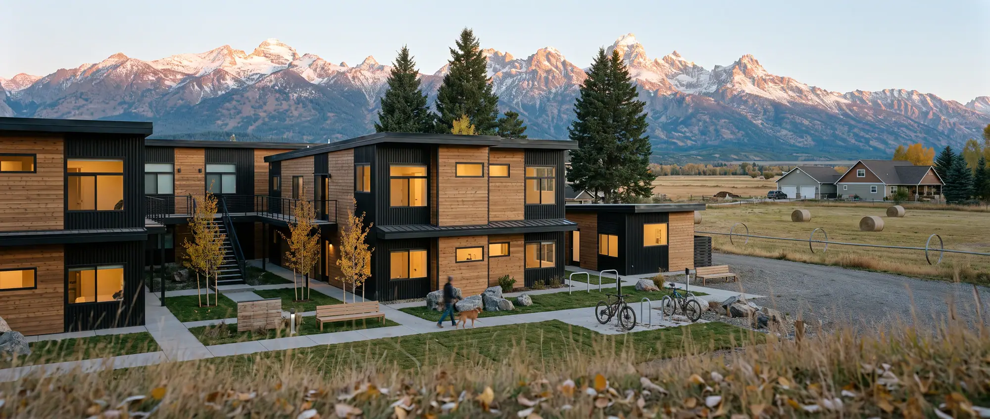 Rendering of stacked Dakota modular units below snowy peaks at sunrise